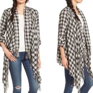 BILLABONG Open Front Shawl Cardigan Womens L Gray Plaid Roll Tab Sleeve